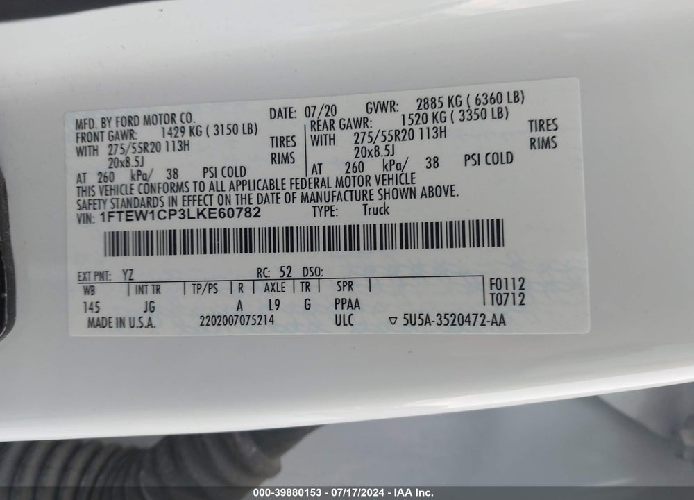 2020 FORD F-150 XL VIN: 1FTEW1CP3LKE60782