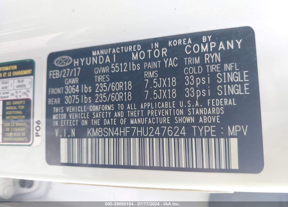 2017 HYUNDAI SANTA FE SE VIN: KM8SN4HF7HU247624