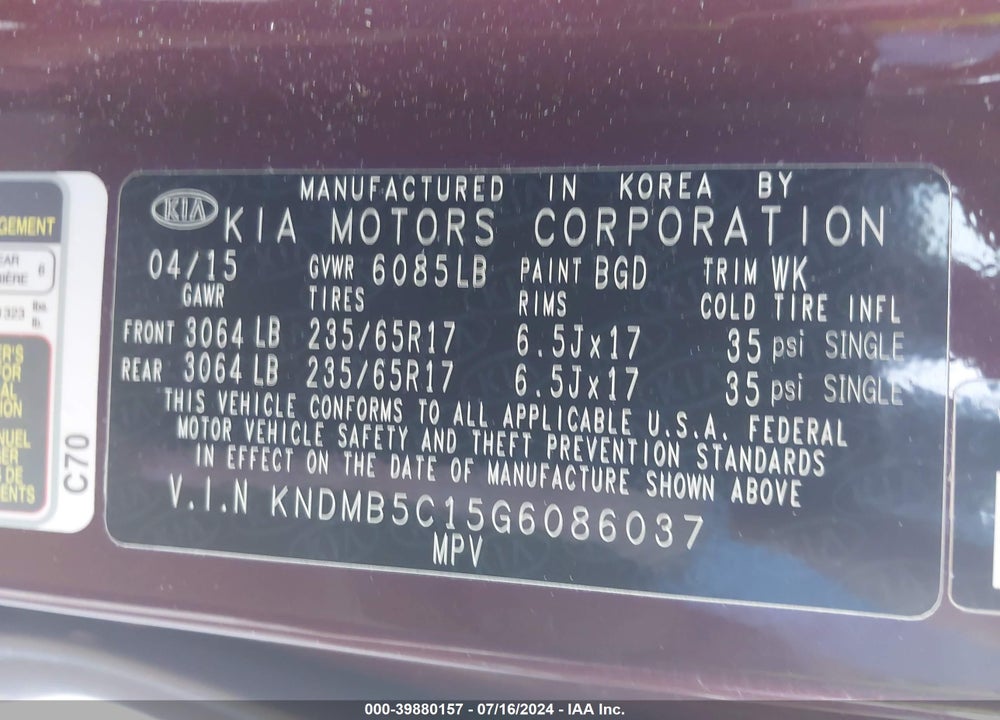 2016 KIA SEDONA LX VIN: KNDMB5C15G6086037