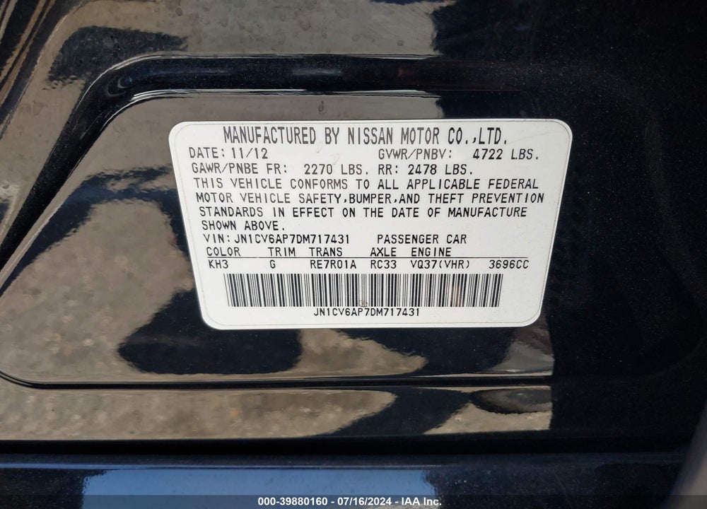 2013 INFINITI G37 JOURNEY VIN: JN1CV6AP7DM717431