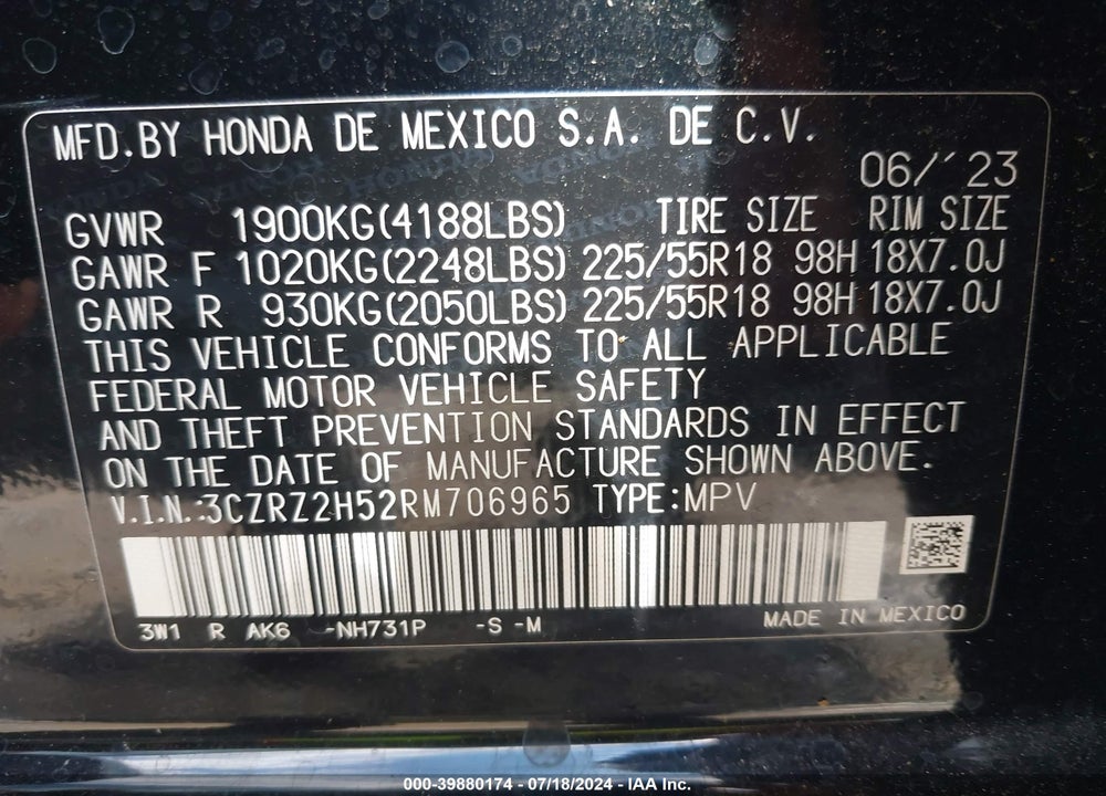 2024 HONDA HR-V AWD SPORT/AWD SPORT W/O BSI VIN: 3CZRZ2H52RM706965