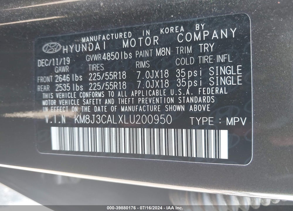 2020 HYUNDAI TUCSON ULTIMATE VIN: KM8J3CALXLU200950