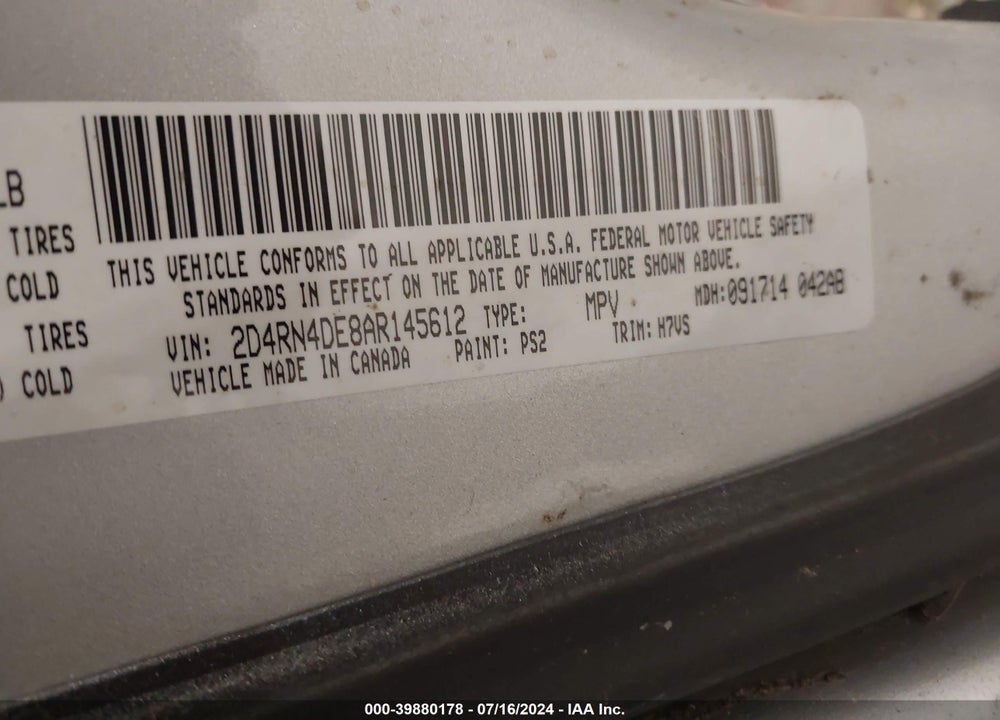 2010 DODGE GRAND CARAVAN SE VIN: 2D4RN4DE8AR145612