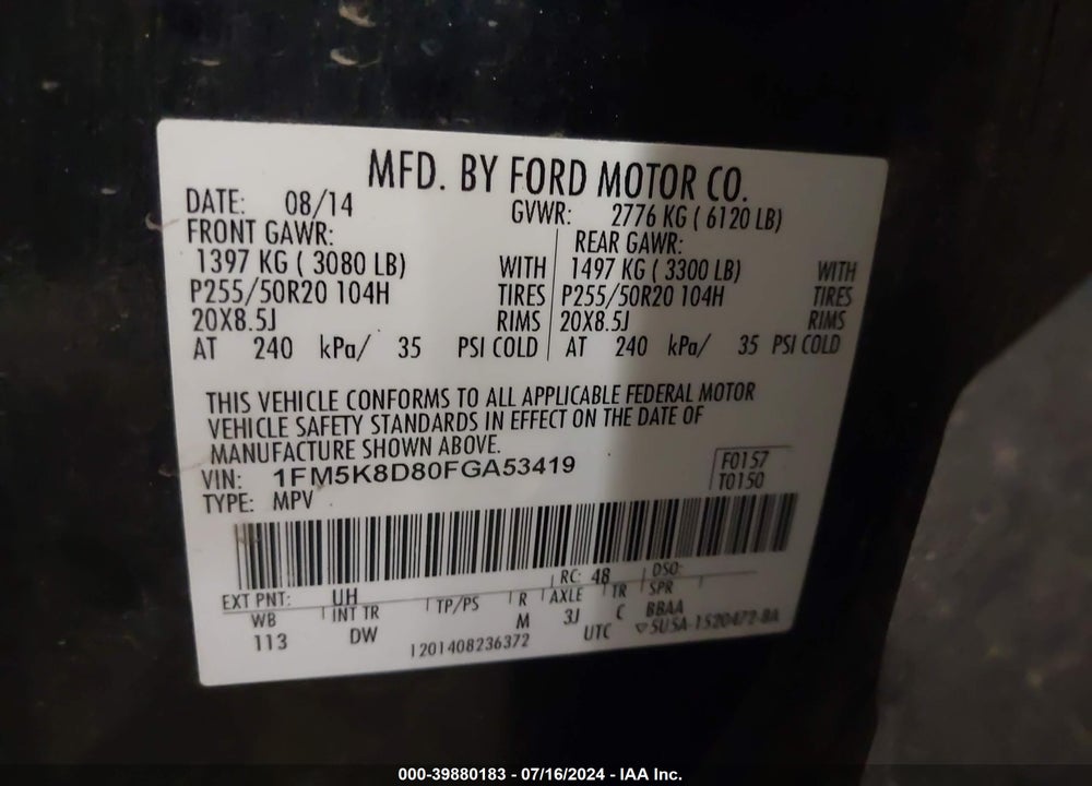 2015 FORD EXPLORER XLT VIN: 1FM5K8D80FGA53419