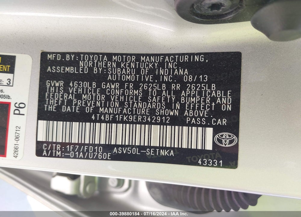 2014 TOYOTA CAMRY VIN: 4T4BF1FK9ER342912