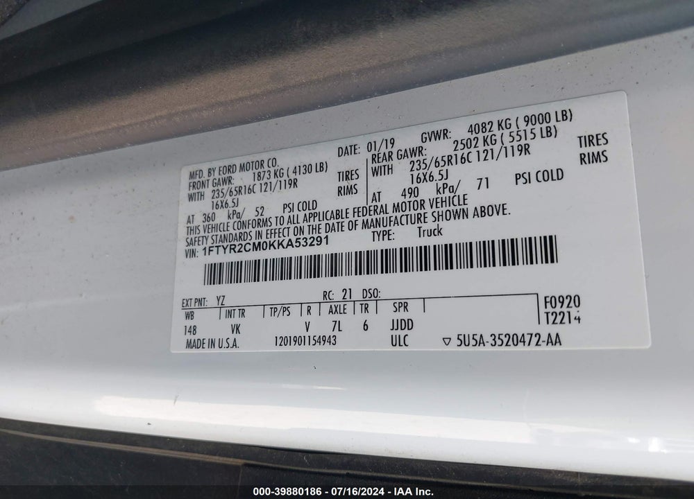 2019 FORD TRANSIT-250 VIN: 1FTYR2CM0KKA53291