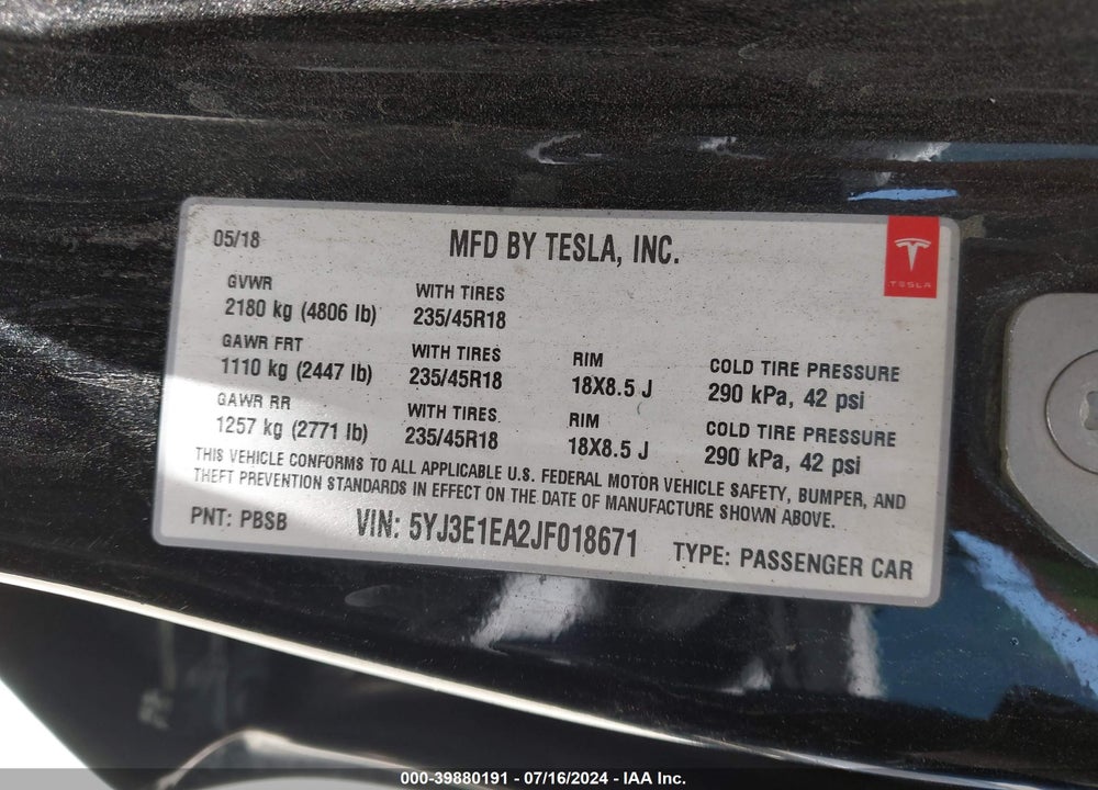 2018 TESLA MODEL 3 LONG RANGE/MID RANGE VIN: 5YJ3E1EA2JF018671