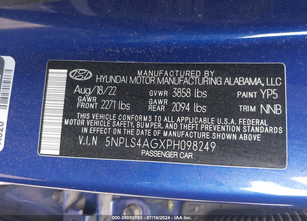 2023 HYUNDAI ELANTRA SEL VIN: 5NPLS4AGXPH098249