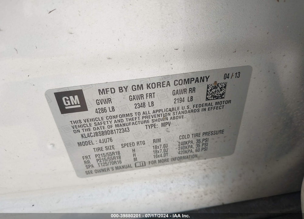 2013 BUICK ENCORE CONVENIENCE VIN: KL4CJBSB9DB172343