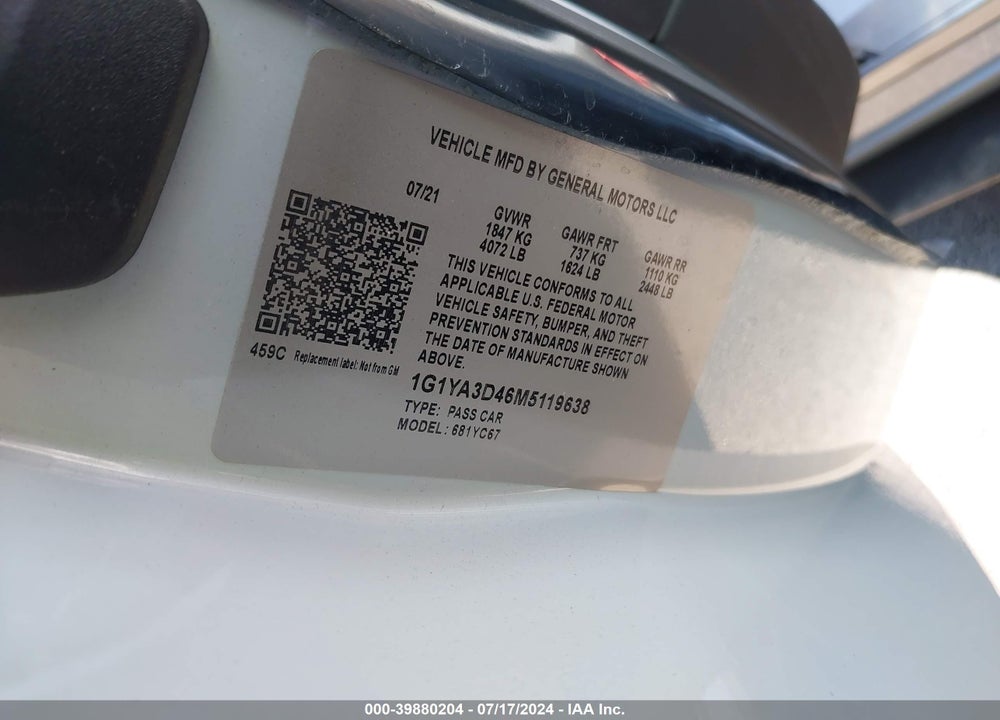 2021 CHEVROLET CORVETTE STINGRAY RWD 1LT VIN: 1G1YA3D46M5119638