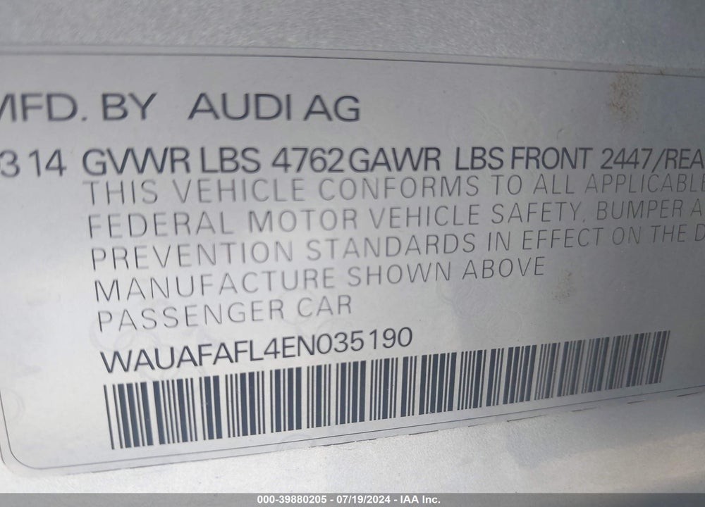 2014 AUDI A4 2.0T PREMIUM VIN: WAUAFAFL4EN035190
