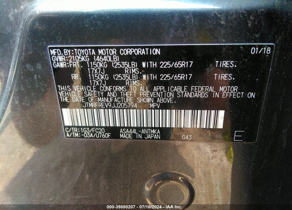 2018 TOYOTA RAV4 XLE VIN: JTMRFREV9JJ205794