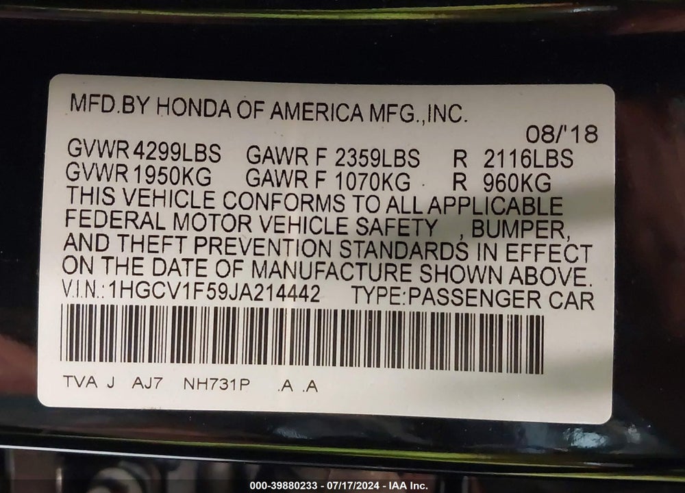 2018 HONDA ACCORD EX-L VIN: 1HGCV1F59JA214442