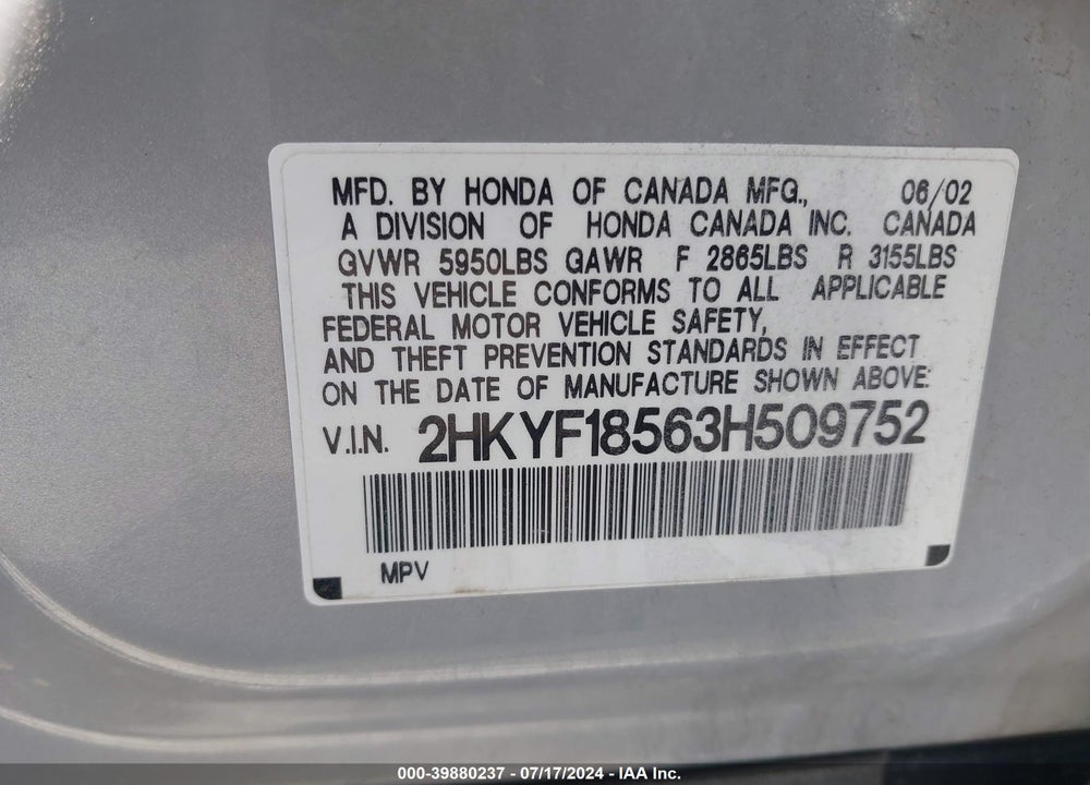 2003 HONDA PILOT EX-L VIN: 2HKYF18563H509752