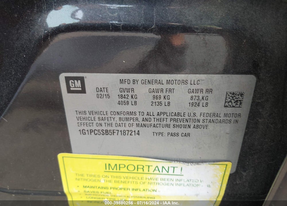 2015 CHEVROLET CRUZE 1LT AUTO VIN: 1G1PC5SB5F7187214