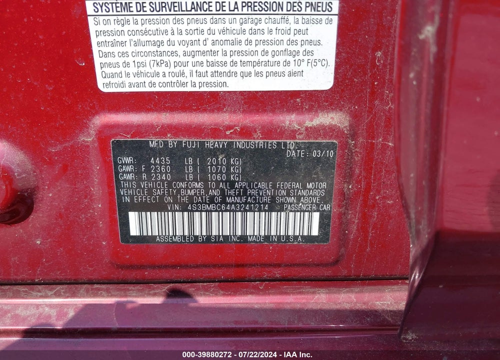 2010 SUBARU LEGACY 2.5I PREMIUM VIN: 4S3BMBC64A3241214