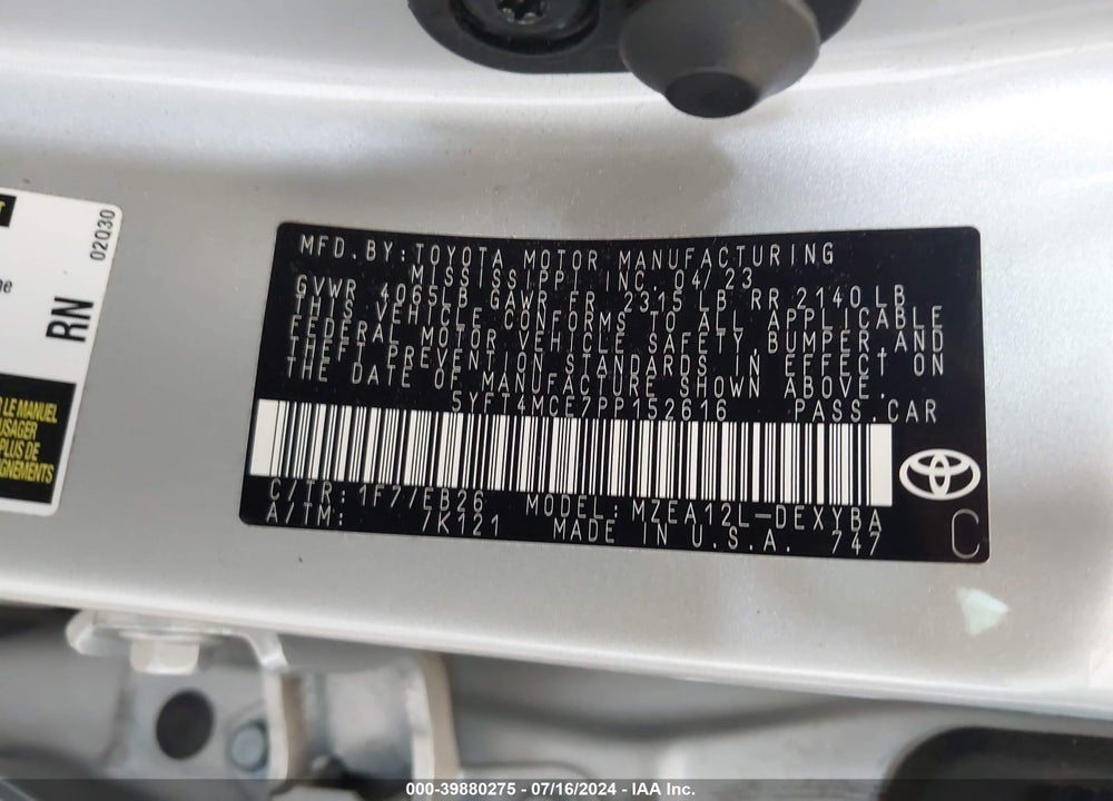 2023 TOYOTA COROLLA XSE VIN: 5YFT4MCE7PP152616