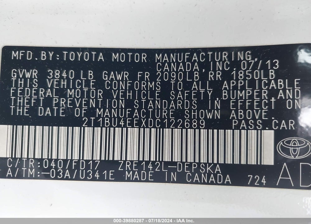 2013 TOYOTA COROLLA S VIN: 2T1BU4EEXDC122689