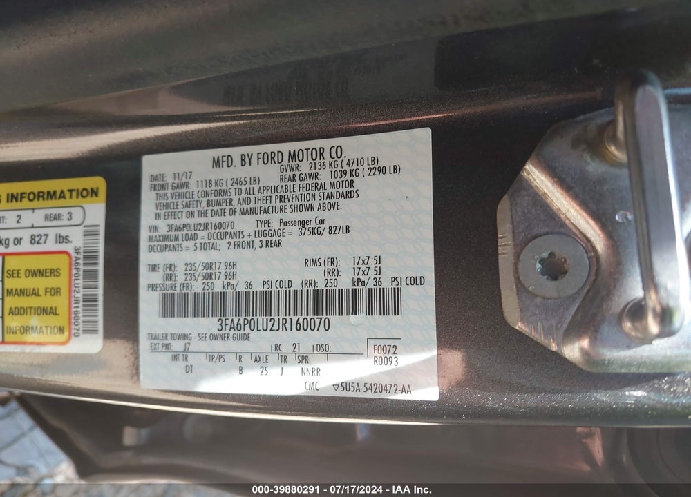 2018 FORD FUSION HYBRID VIN: 3FA6P0LU2JR160070
