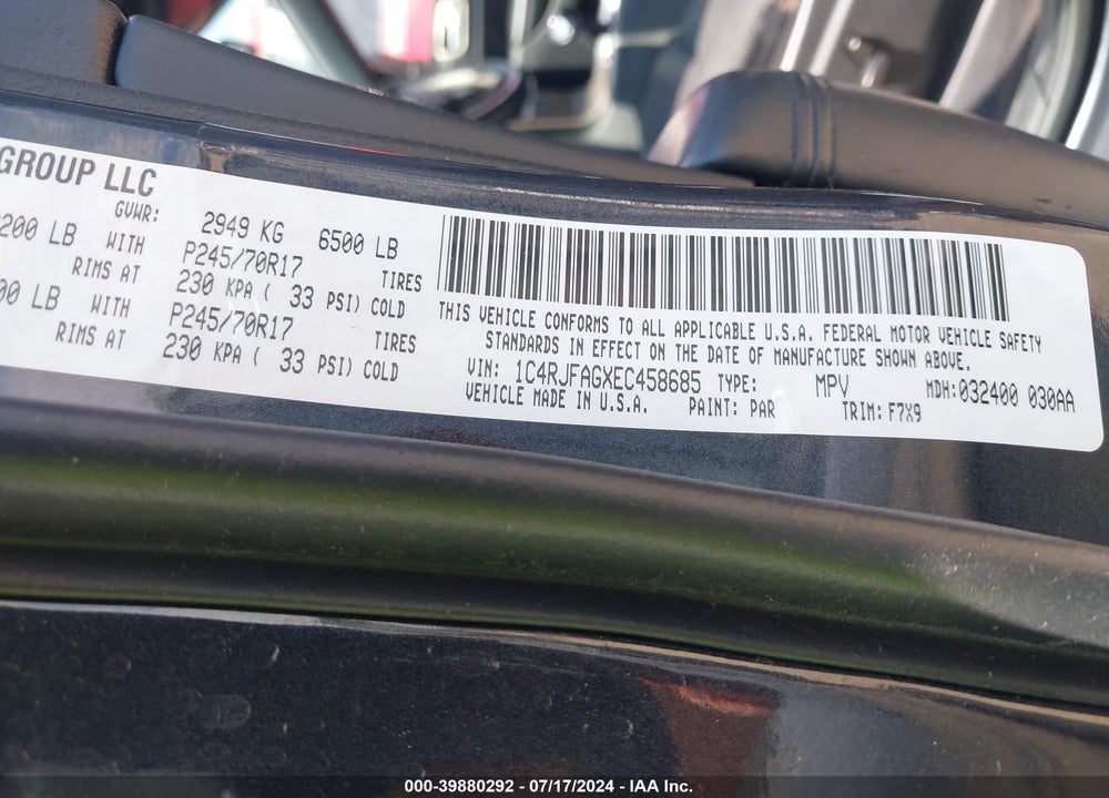 2014 JEEP GRAND CHEROKEE LAREDO VIN: 1C4RJFAGXEC458685