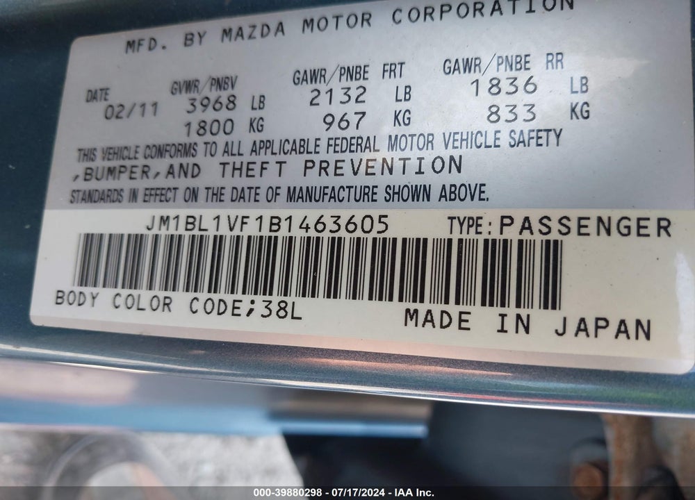 2011 MAZDA 3 I TOURING VIN: JM1BL1VF1B1463605