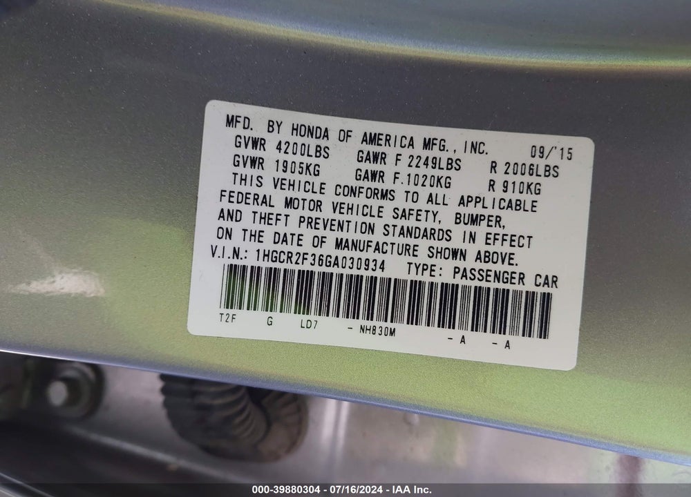 2016 HONDA ACCORD LX VIN: 1HGCR2F36GA030934