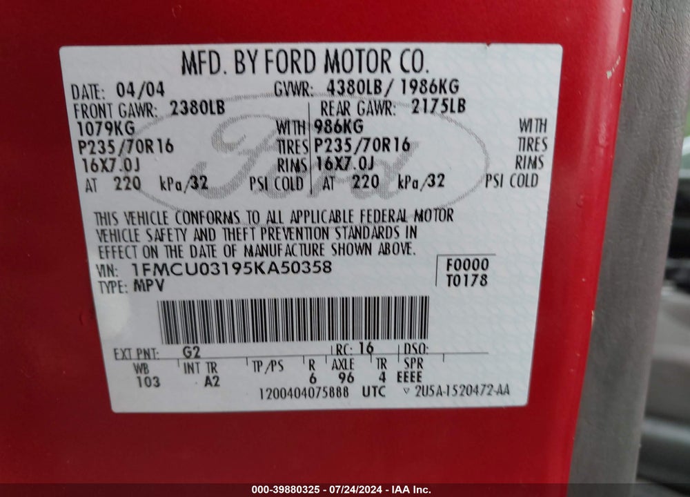 2005 FORD ESCAPE XLT VIN: 1FMCU03195KA50358