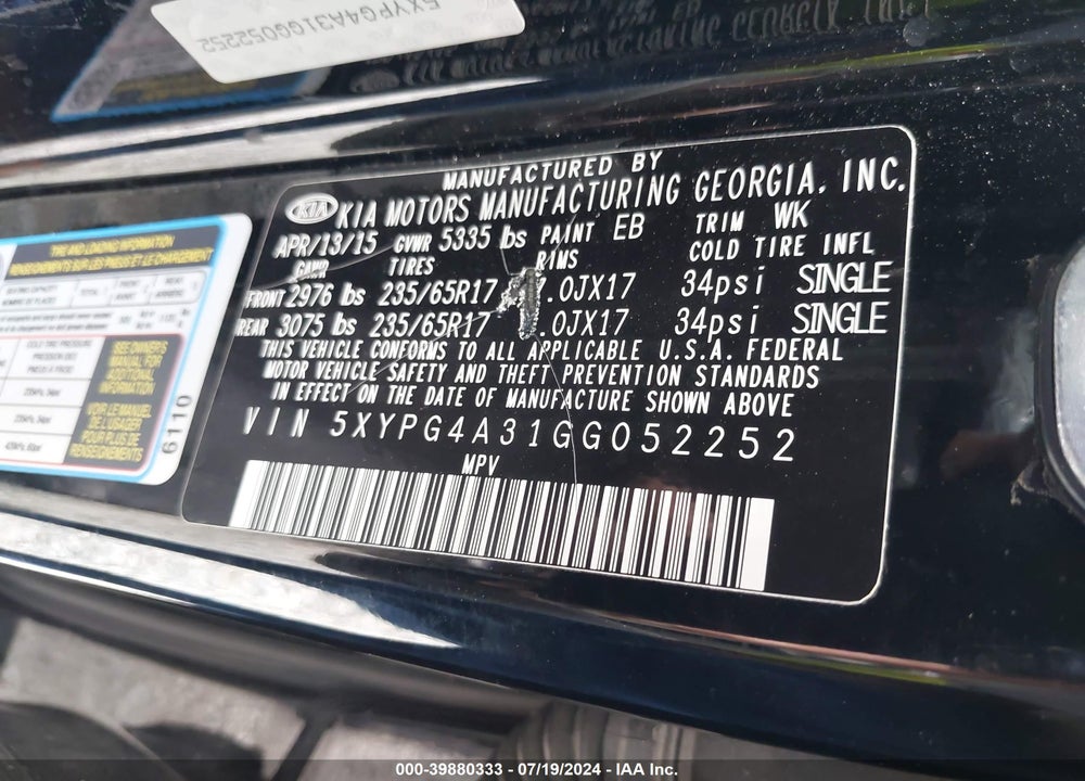 2016 KIA SORENTO 2.4L LX VIN: 5XYPG4A31GG052252