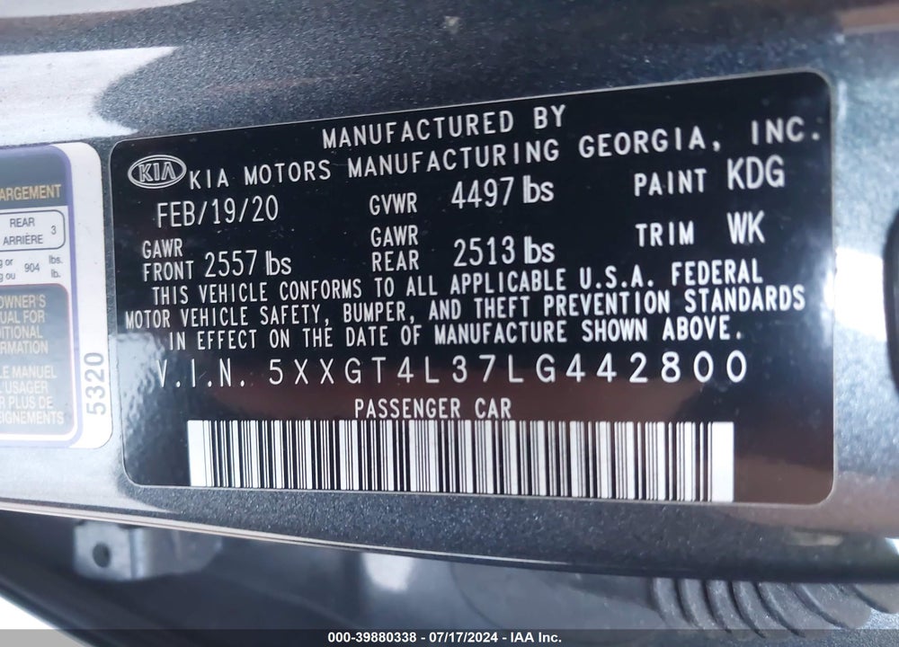 2020 KIA OPTIMA SE VIN: 5XXGT4L37LG442800