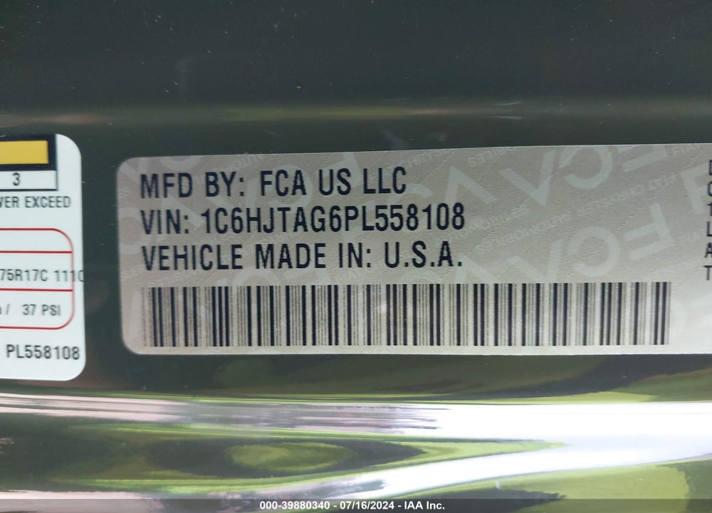 2023 JEEP GLADIATOR WILLYS 4X4 VIN: 1C6HJTAG6PL558108