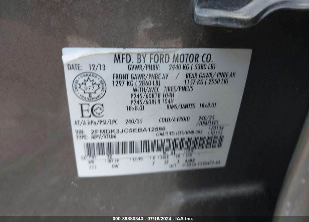 2014 FORD EDGE SEL VIN: 2FMDK3JC5EBA12586