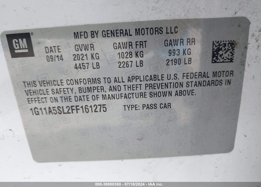 2015 CHEVROLET MALIBU 1FL VIN: 1G11A5SL2FF161275