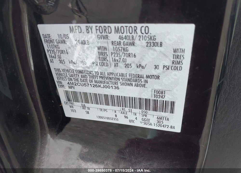 2006 MERCURY MARINER LUXURY/PREMIER VIN: 4M2CU57126KJ00136