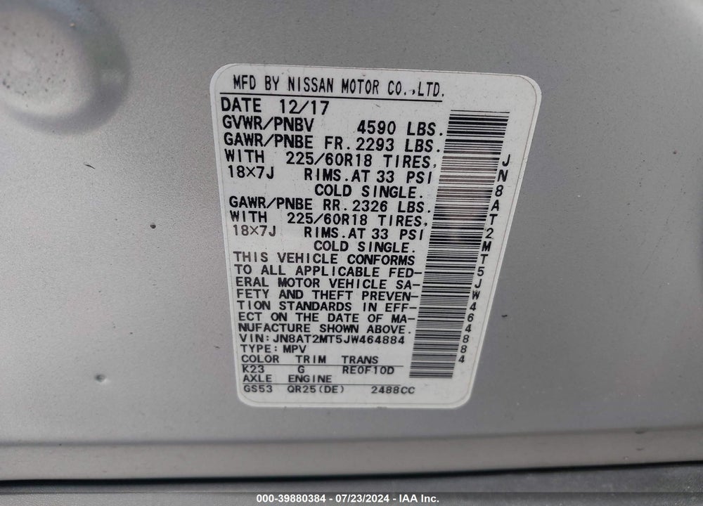 2018 NISSAN ROGUE SL VIN: JN8AT2MT5JW464884