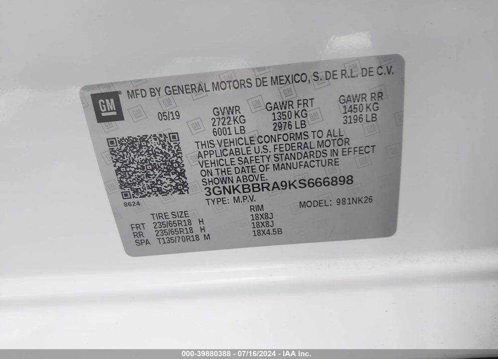 2019 CHEVROLET BLAZER VIN: 3GNKBBRA9KS666898