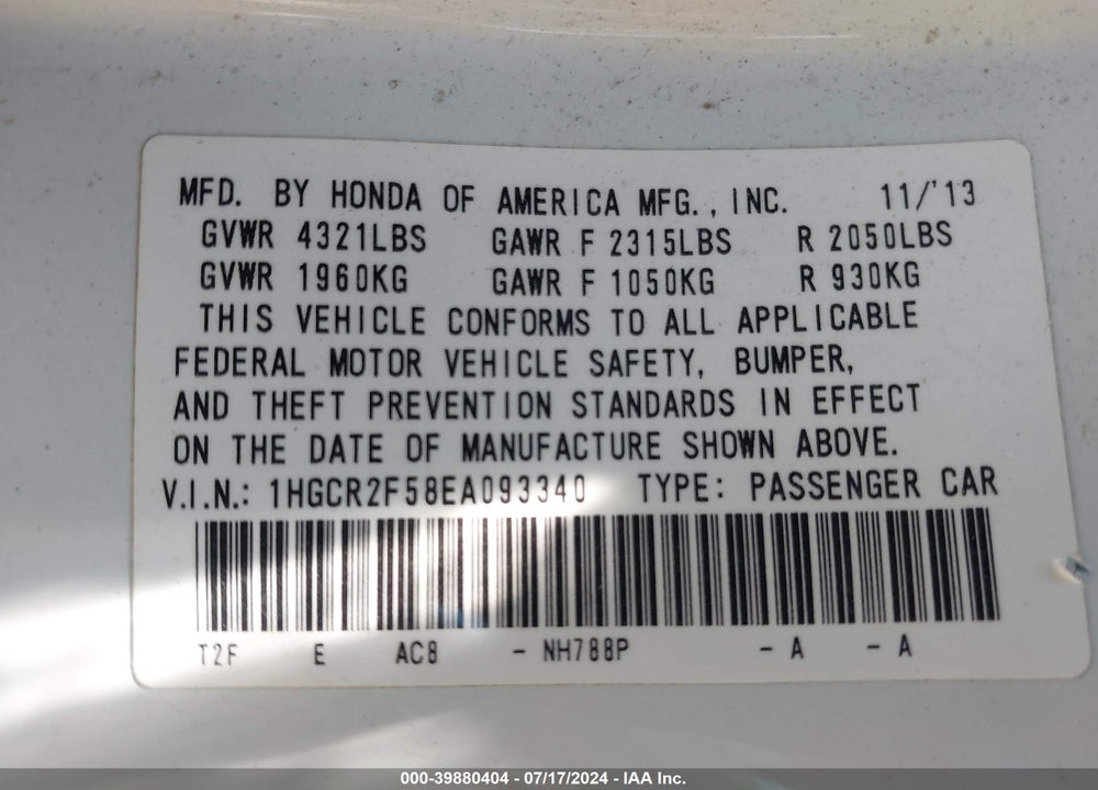 2014 HONDA ACCORD SPORT VIN: 1HGCR2F58EA093340