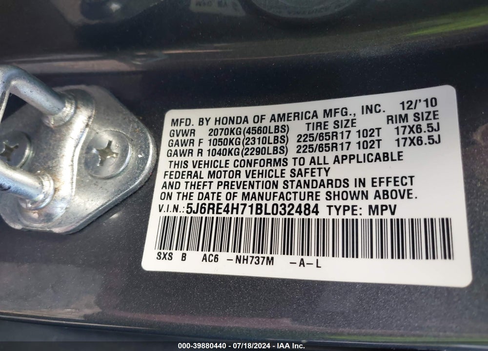 2011 HONDA CR-V EX-L VIN: 5J6RE4H71BL032484