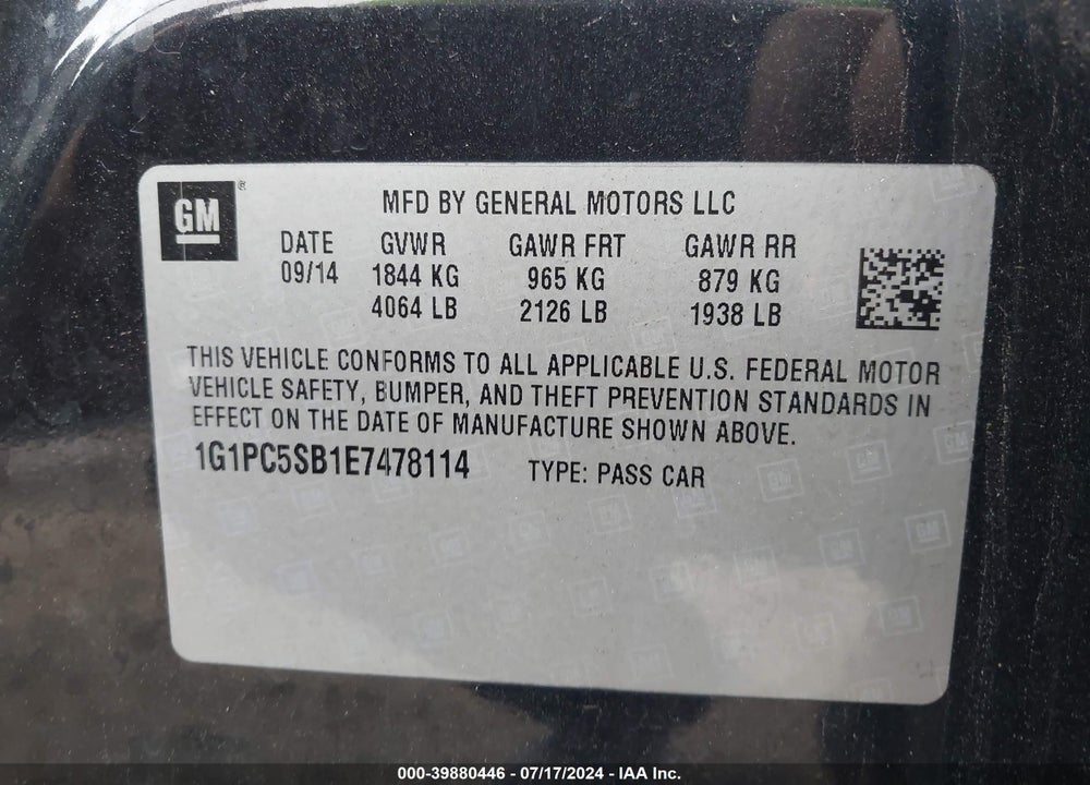 2014 CHEVROLET CRUZE 1LT AUTO VIN: 1G1PC5SB1E7478114