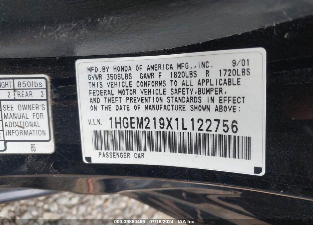 2001 HONDA CIVIC EX VIN: 1HGEM219X1L122756