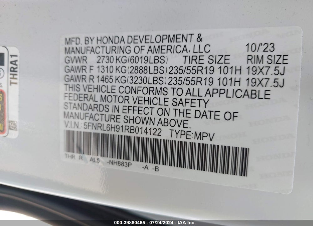 2024 HONDA ODYSSEY ELITE VIN: 5FNRL6H91RB014122