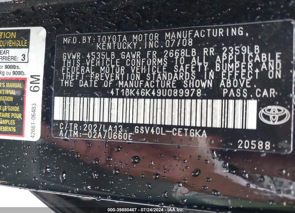 2009 TOYOTA CAMRY XLE V6 VIN: 4T1BK46K49U089978