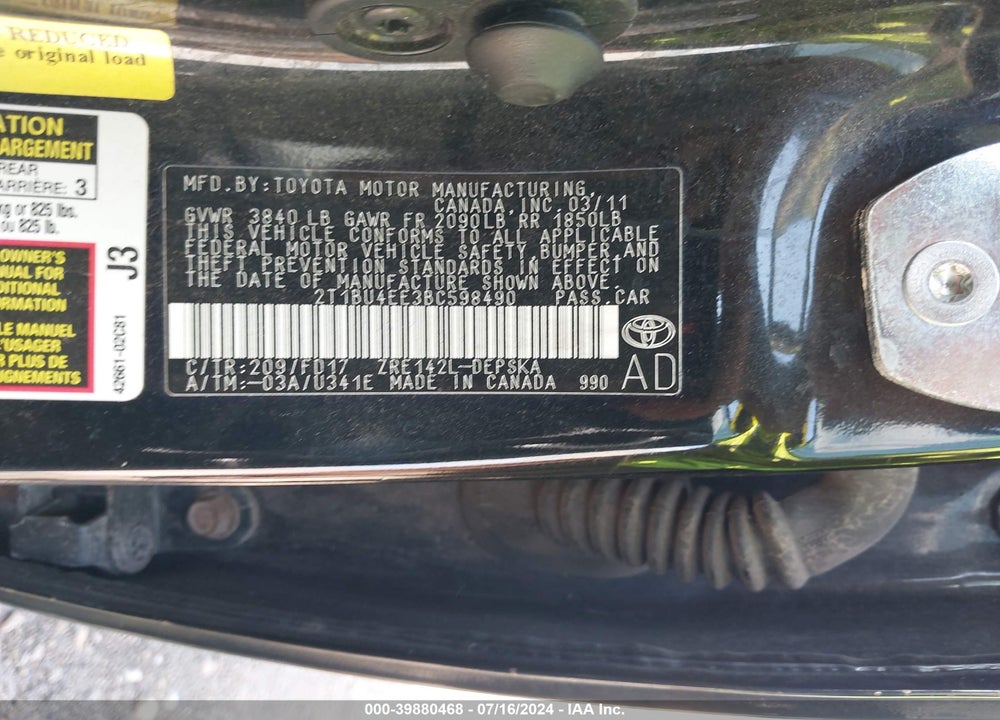 2011 TOYOTA COROLLA S VIN: 2T1BU4EE3BC598490