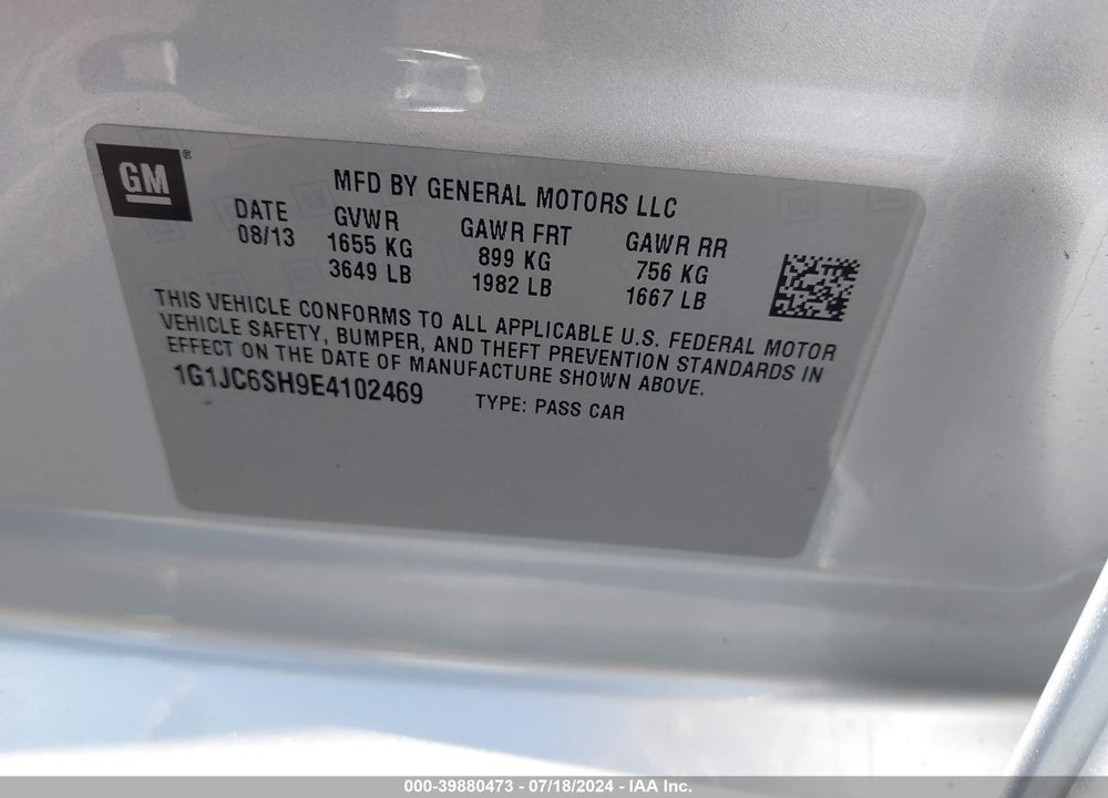 2014 CHEVROLET SONIC LT AUTO VIN: 1G1JC6SH9E4102469