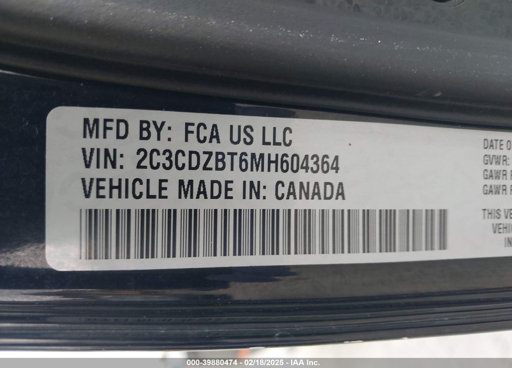 2021 DODGE CHALLENGER R/T VIN: 2C3CDZBT6MH604364