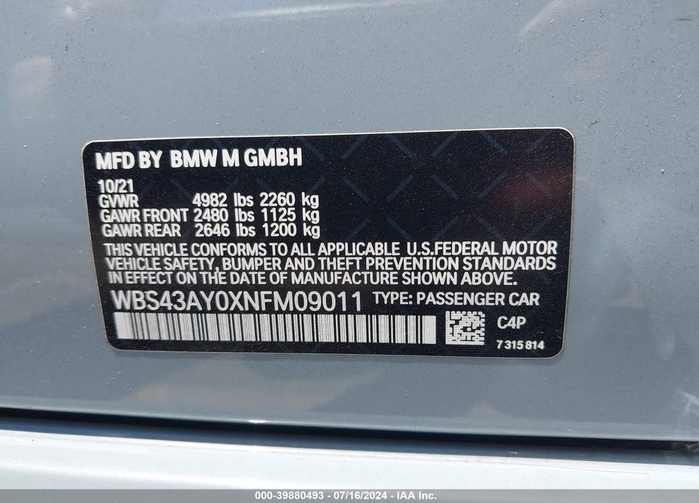 2022 BMW M3 COMPETITION XDRIVE VIN: WBS43AY0XNFM09011