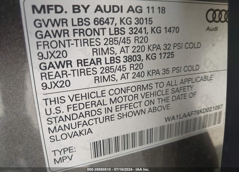 2019 AUDI Q7 55 PREMIUM VIN: WA1LAAF78KD021057