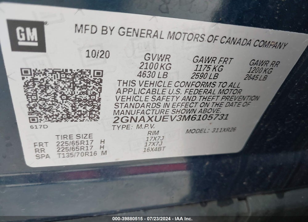 2021 CHEVROLET EQUINOX AWD LT VIN: 2GNAXUEV3M6105731