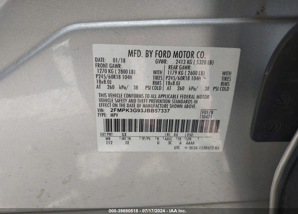 2018 FORD EDGE SE VIN: 2FMPK3G93JBB57337