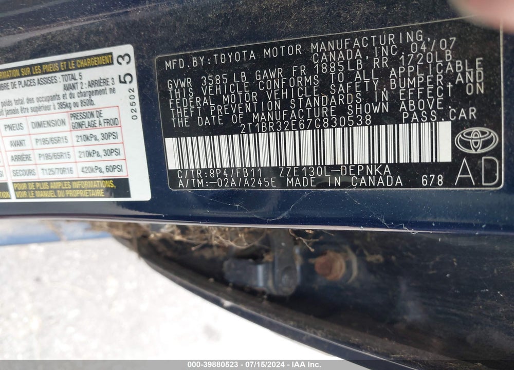 2007 TOYOTA COROLLA LE VIN: 2T1BR32E67C830538