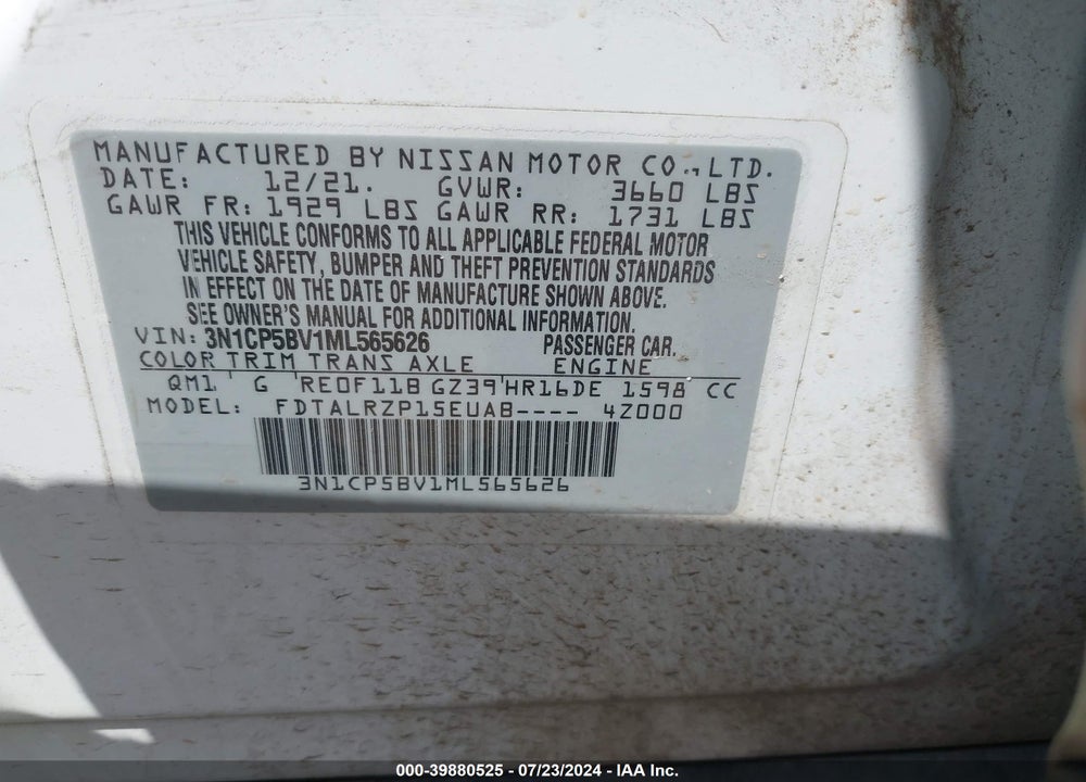 2021 NISSAN KICKS S XTRONIC CVT VIN: 3N1CP5BV1ML565626